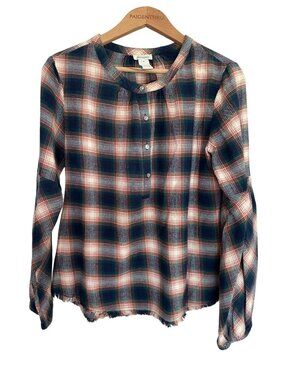 Sundance Women's M Plaid Henley Blouse Navy Orange Fringe Trim